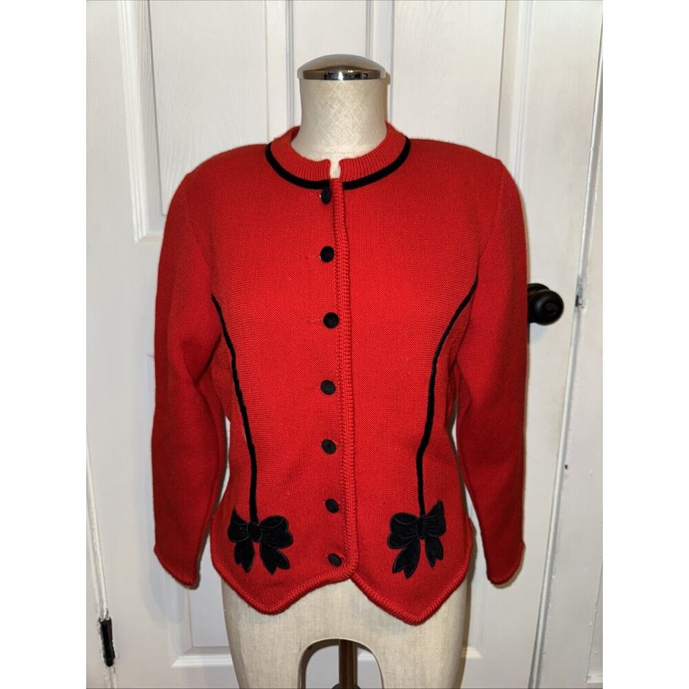 ASTRIFA Vintage Wool Sweater‎ Gestrickte Tracht Germany Bow Red Black Holiday 40